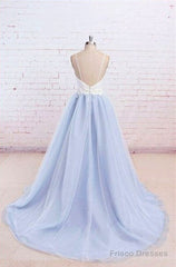 Sweetheart Neck Backless Blue And White Sweep Train Lace Prom Dress, Formal Dress