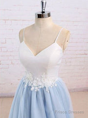 Sweetheart Neck Backless Blue And White Sweep Train Lace Prom Dress, Formal Dress