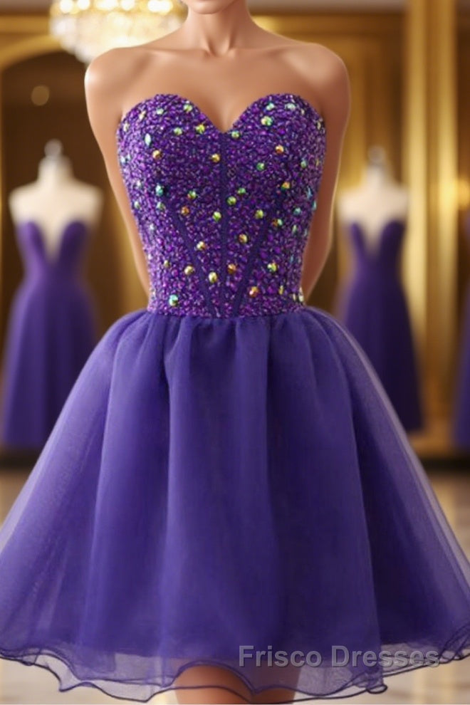 Sweetheart Neck Beaded Dark Purple Short Formal Prom Dresses, Strapless Dark Purple Homecoming Dresses, Dark Purple Beaded Formal Evening Dresses Main image