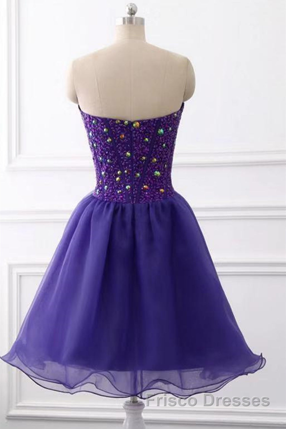 Sweetheart Neck Beaded Dark Purple Short Formal Prom Dresses, Strapless Dark Purple Homecoming Dresses, Dark Purple Beaded Formal Evening Dresses