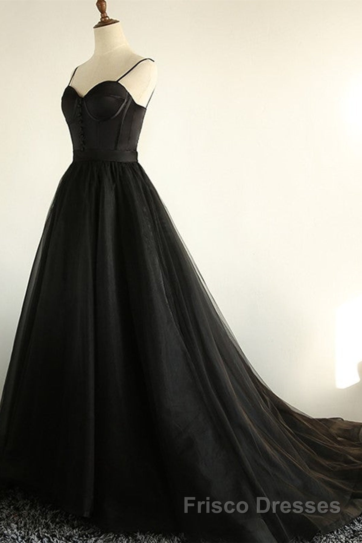 Sweetheart Neck Black Tulle Long Formal Prom Dresses, Thin Straps Black Formal Evening Dresses, Black Ball Gown