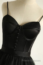Sweetheart Neck Black Tulle Long Formal Prom Dresses, Thin Straps Black Formal Evening Dresses, Black Ball Gown