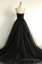 Sweetheart Neck Black Tulle Long Formal Prom Dresses, Thin Straps Black Formal Evening Dresses, Black Ball Gown