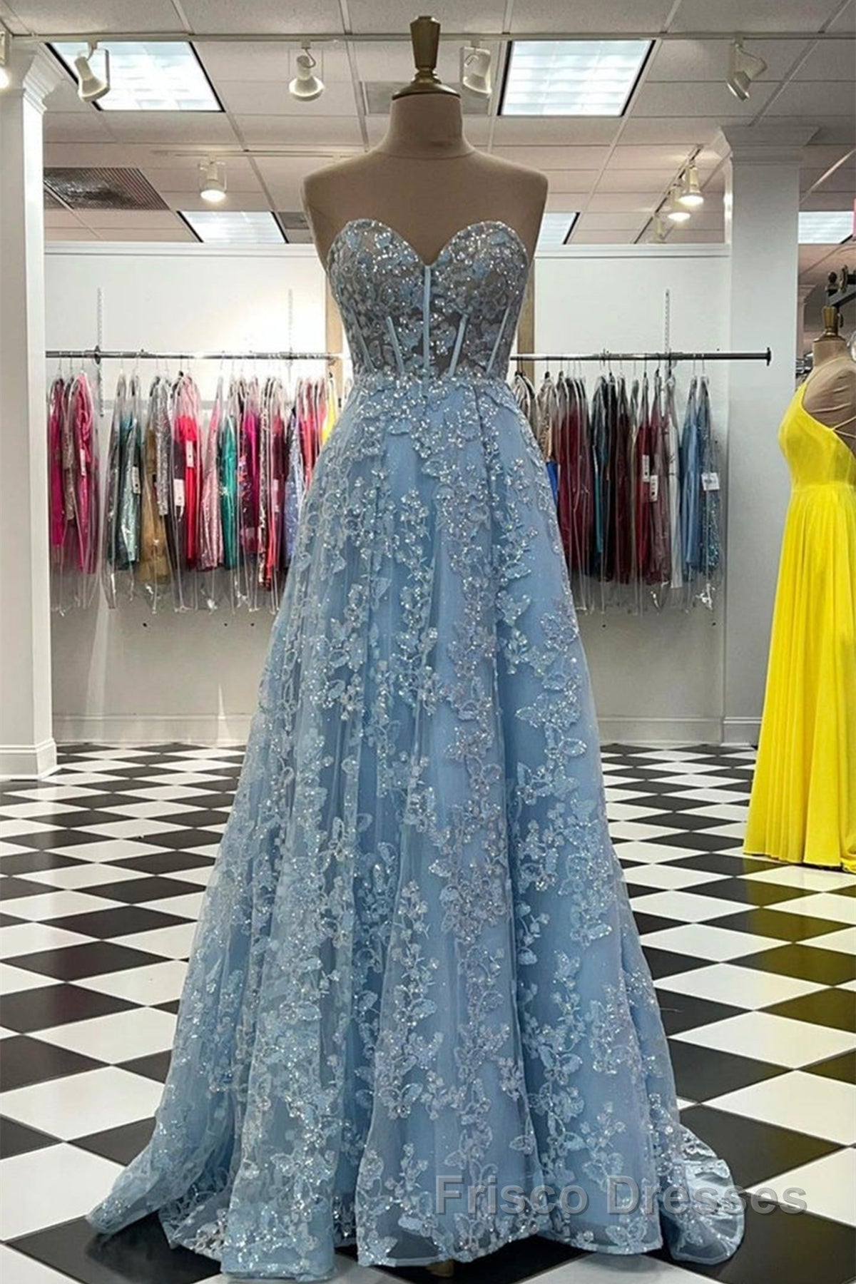 Sweetheart Neck Blue Lace Appliques Long Formal Prom Dresses with Long Sleeves, Blue Lace Floral Formal Graduation Evening Dresses Secondary image