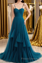 Sweetheart Neck Blue Long Formal Prom Dresses, Long Blue Formal Graduation Evening Dresses