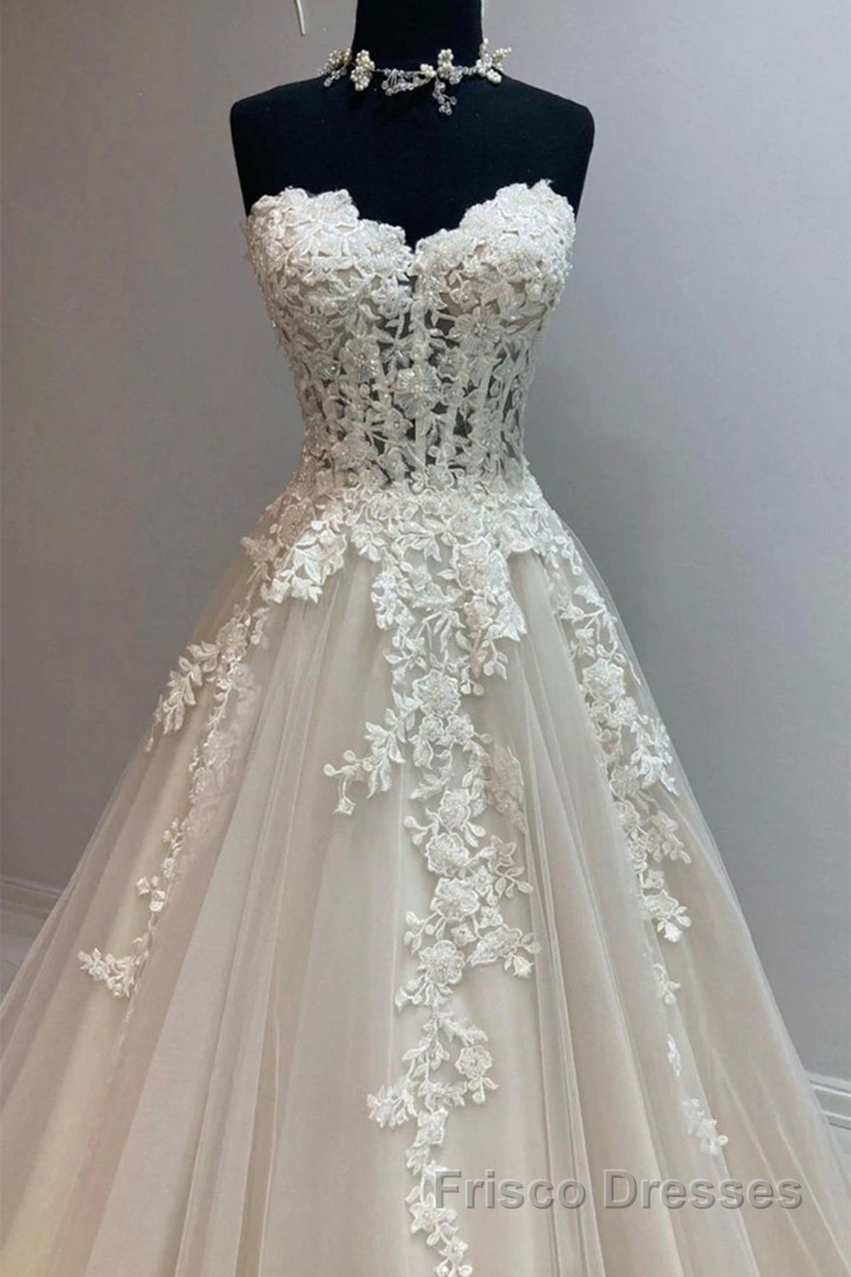 Sweetheart Neck Champagne Tulle Lace Long Formal Prom Dresses, Strapless Champagne Formal Dresses, Champagne Lace Evening Dresses