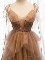 Sweetheart Neck Floor Length Champagne Lace Prom Dresses, Champagne Lace Formal Dresses