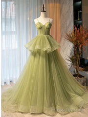 Sweetheart Neck Green Tulle Long Prom Dresses, Green Tulle Long Formal Graduation Dresses