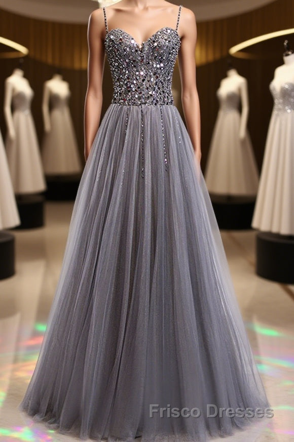 Sweetheart Neck Grey Sequins Tulle Long Formal Prom Dresses, Grey Sequins Formal Evening Dresses Main image