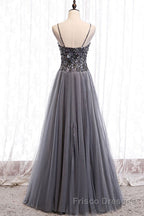Sweetheart Neck Grey Sequins Tulle Long Formal Prom Dresses, Grey Sequins Formal Evening Dresses