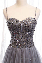 Sweetheart Neck Grey Sequins Tulle Long Formal Prom Dresses, Grey Sequins Formal Evening Dresses