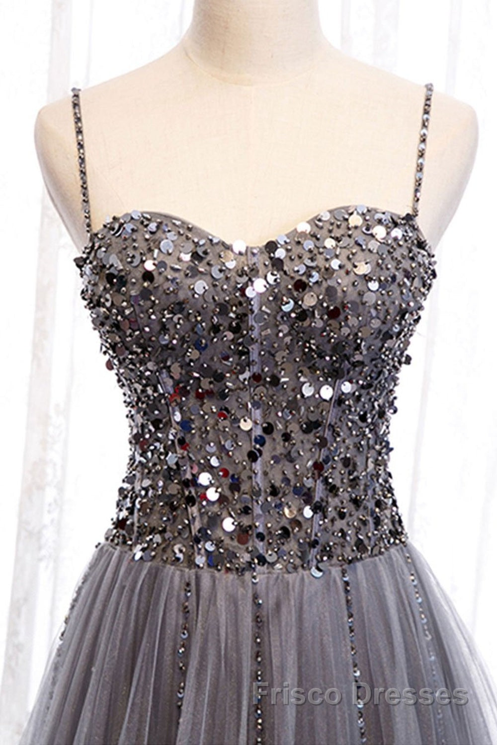 Sweetheart Neck Grey Sequins Tulle Long Formal Prom Dresses, Grey Sequins Formal Evening Dresses