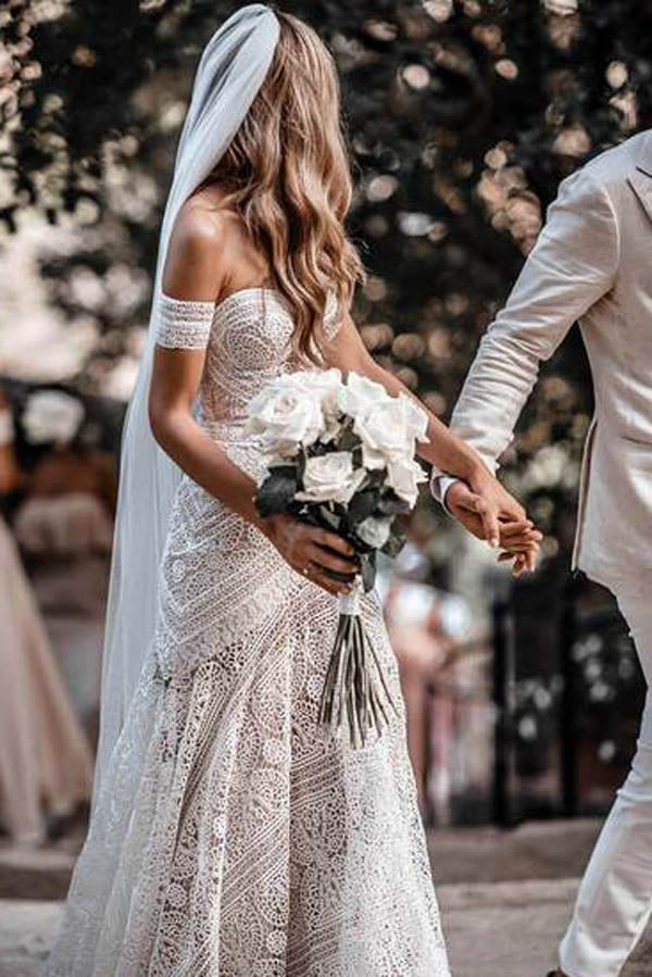 Sweetheart Neck Lace Beach Ivory Rustic Boho Wedding Dresses