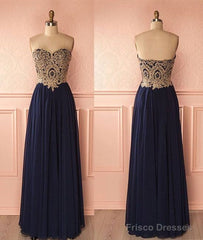 Sweetheart Neck Lace Dark Blue Long Prom Dress, Evening Dress