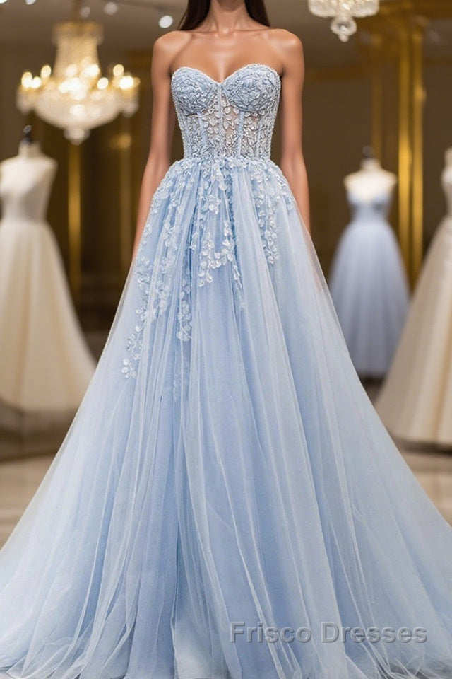 Sweetheart Neck Light Blue Lace Tulle Long Formal Prom Dresses, Light Blue Lace Formal Graduation Evening Dresses