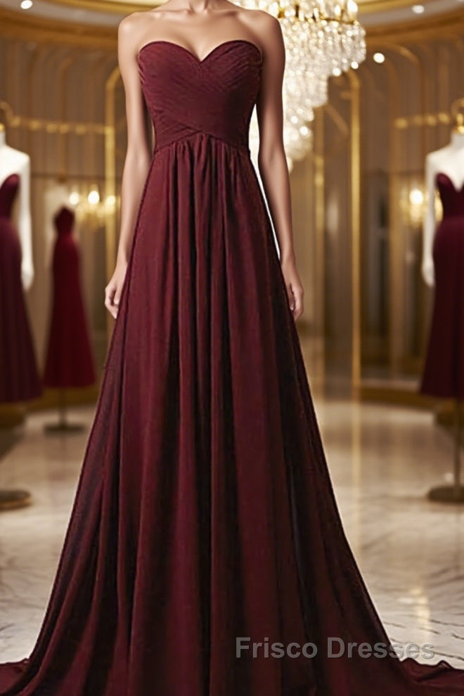 Sweetheart Neck Maroon Long Formal Prom Dresses, Burgundy Long Formal Bridesmaid Dresses Main image