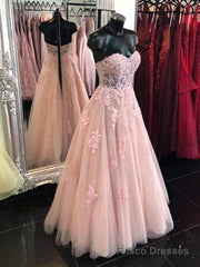Sweetheart Neck Open Back Pink Lace Long Prom Dresses, Strapless Pink Lace Formal Dresses
