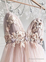 Sweetheart Neck Pink Floral Tulle Prom Dresses, Pink Floral Wedding Formal Graduation Dresses