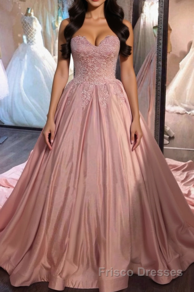 Sweetheart Neck Pink Lace Formal Prom Dresses, Pink Lace Long Formal Evening Dresses Main image