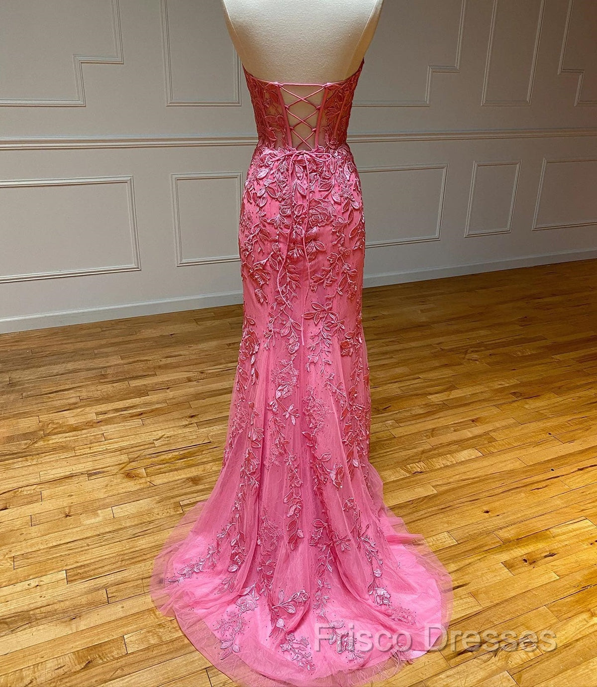 Sweetheart Neck Pink Mermaid Lace Formal Prom Dress, Pink Mermaid Lace Formal Graduation Dress