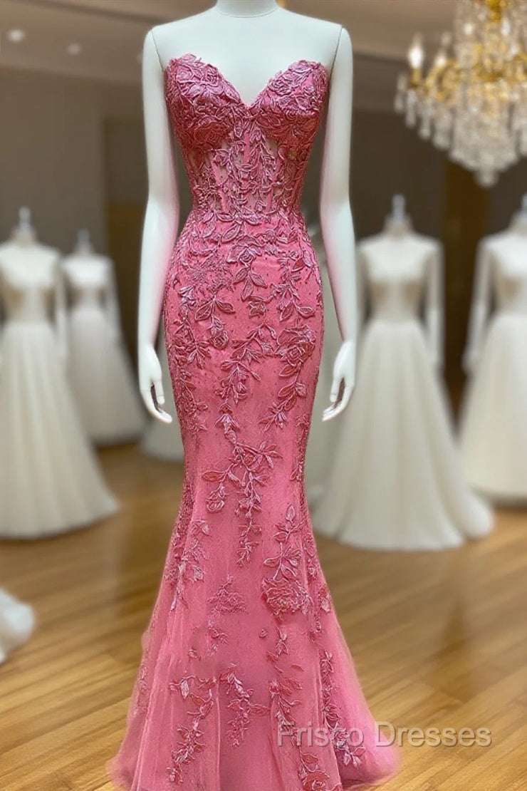Sweetheart Neck Pink Mermaid Lace Formal Prom Dress, Pink Mermaid Lace Formal Graduation Dress Main image