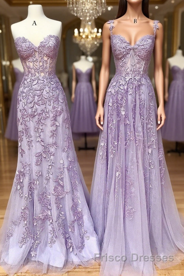 Sweetheart Neck Purple Lace Long Formal Prom Dresses, Strapless Purple Formal Dresses, Mermaid Purple Evening Dresses Main image