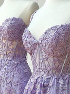 Sweetheart Neck Purple Lace Long Formal Prom Dresses, Strapless Purple Formal Dresses, Mermaid Purple Evening Dresses