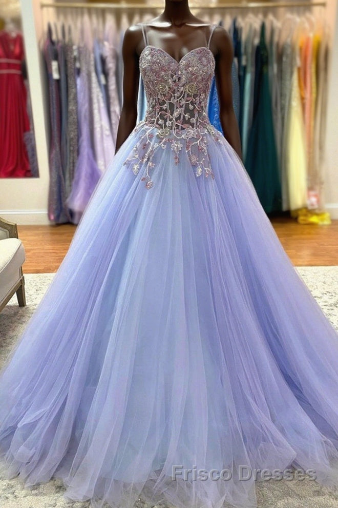 Sweetheart Neck Purple Tulle Long Formal Prom Dresses with Lace Appliques, Purple Lace Formal Graduation Evening Dresses