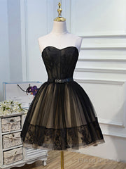 Sweetheart Neck Short Black Lace Prom Dresses, Short Black Lace Graduation Homecoming Dresses