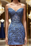 Sweetheart Neck Short Blue Lace Formal Prom Dresses, Short Blue Lace Formal Homecoming Dresses