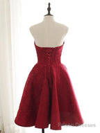 Sweetheart Neck Short Burgundy Lace Prom Dresses, Short Wine Red Lace Formal Evening Dresses