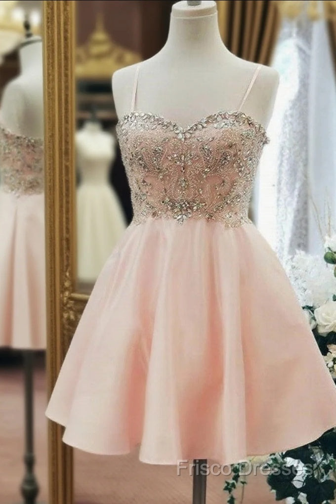 Sweetheart Neck Short Pink Formal Prom Dress, Short Pink Beaded Homecoming Graduation Dress Main image