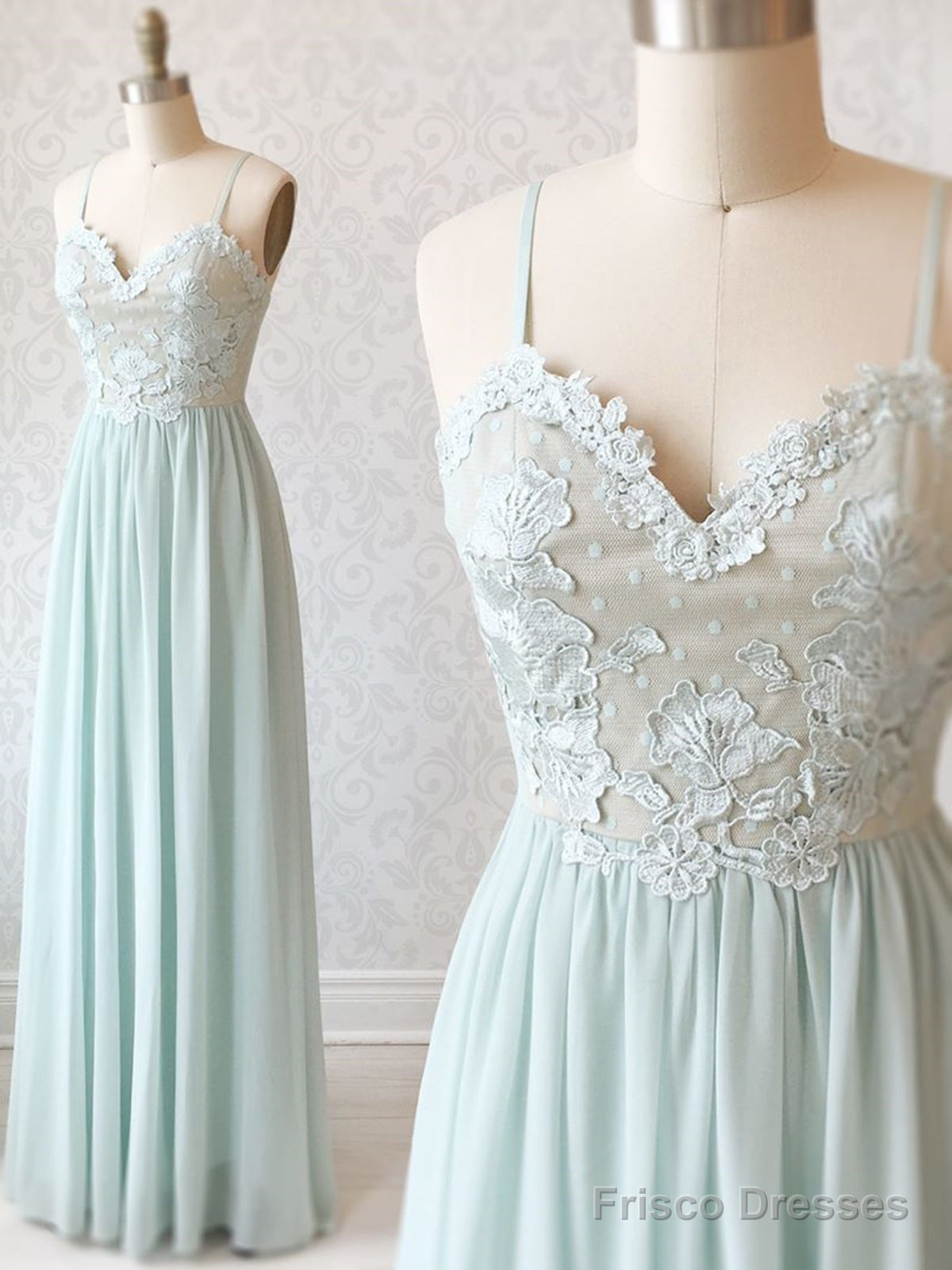 Sweetheart Neck Spaghetti Straps Mint Green Lace Prom Dresses, Mint Green Lace Formal Evening Bridesmaid Dresses Main image