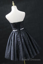 Sweetheart Neck Strapless Black Short Formal Prom Dresses, Open Back Black Homecoming Dresses, Black Formal Evening Dresses