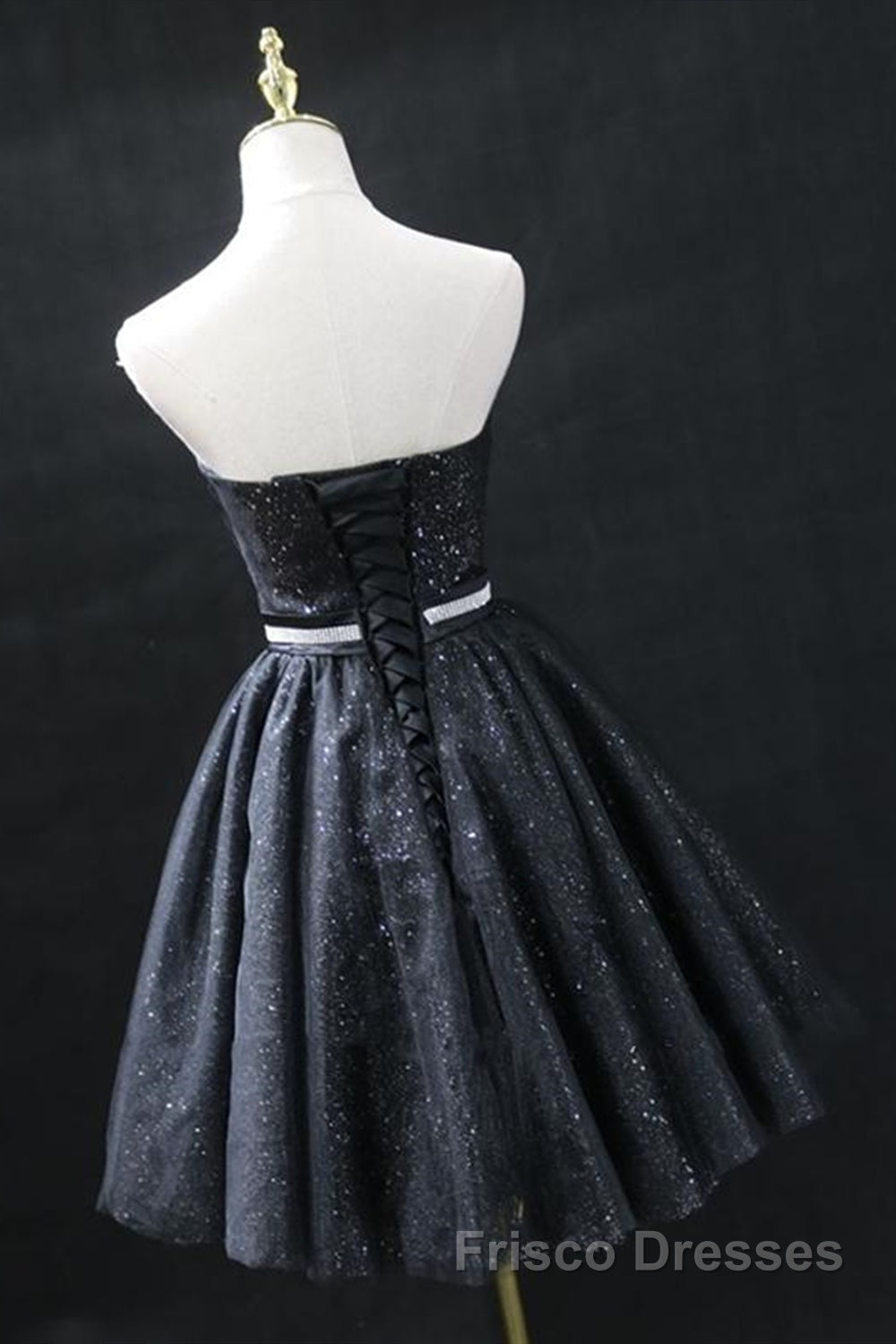 Sweetheart Neck Strapless Black Short Formal Prom Dresses, Open Back Black Homecoming Dresses, Black Formal Evening Dresses