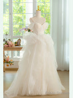 Sweetheart Neck Tulle Beads Light Champagne Long Prom Dress, Light Champagne Formal Dress
