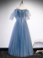 Sweetheart-Neck Tulle Flare Sleeves Beaded Sequin Prom Dresses Formal Evening Dresses
