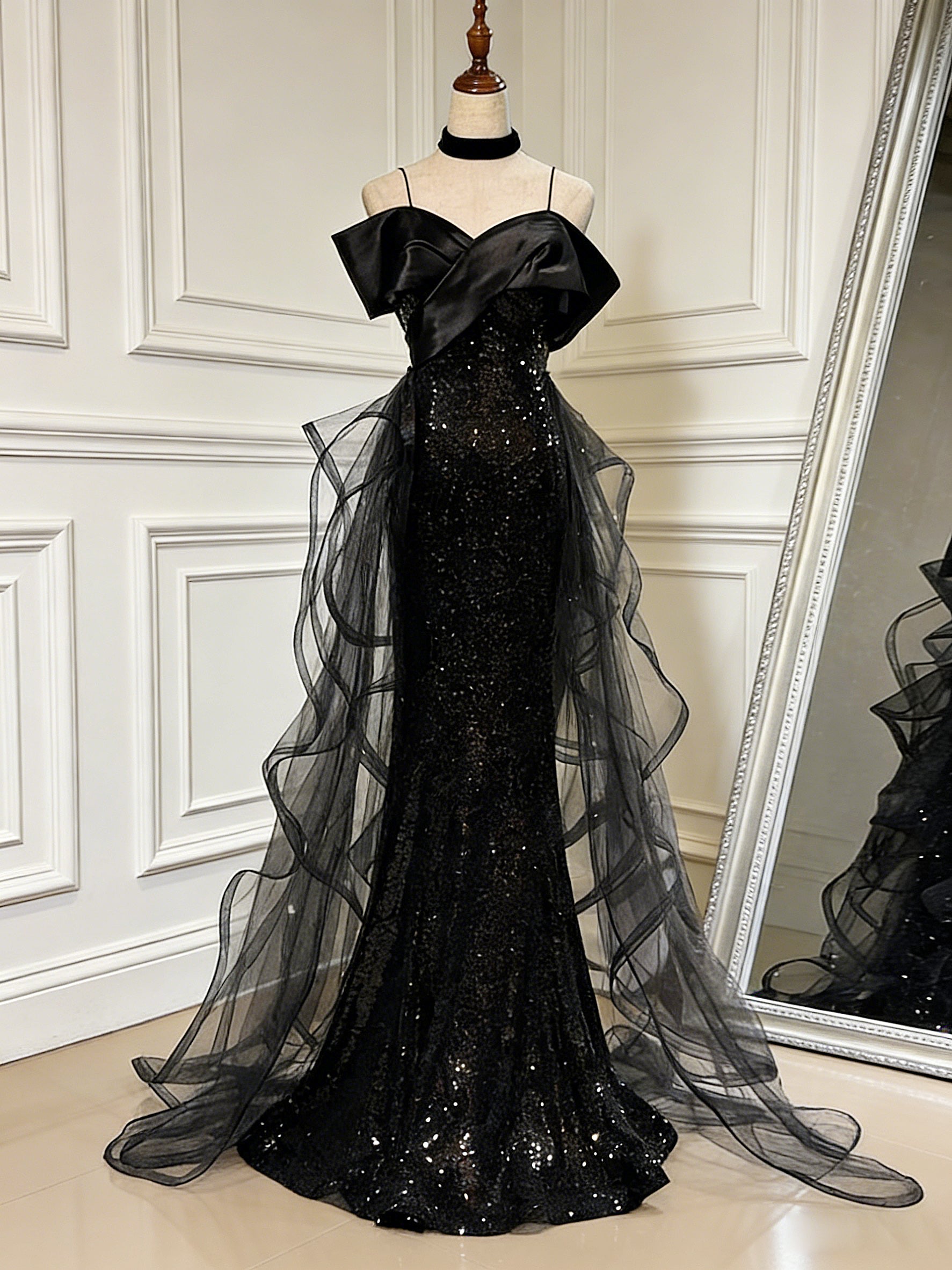 Sweetheart Off Shoulder Tulle Sequin Sweep Train Black Long Evening Dress Main image