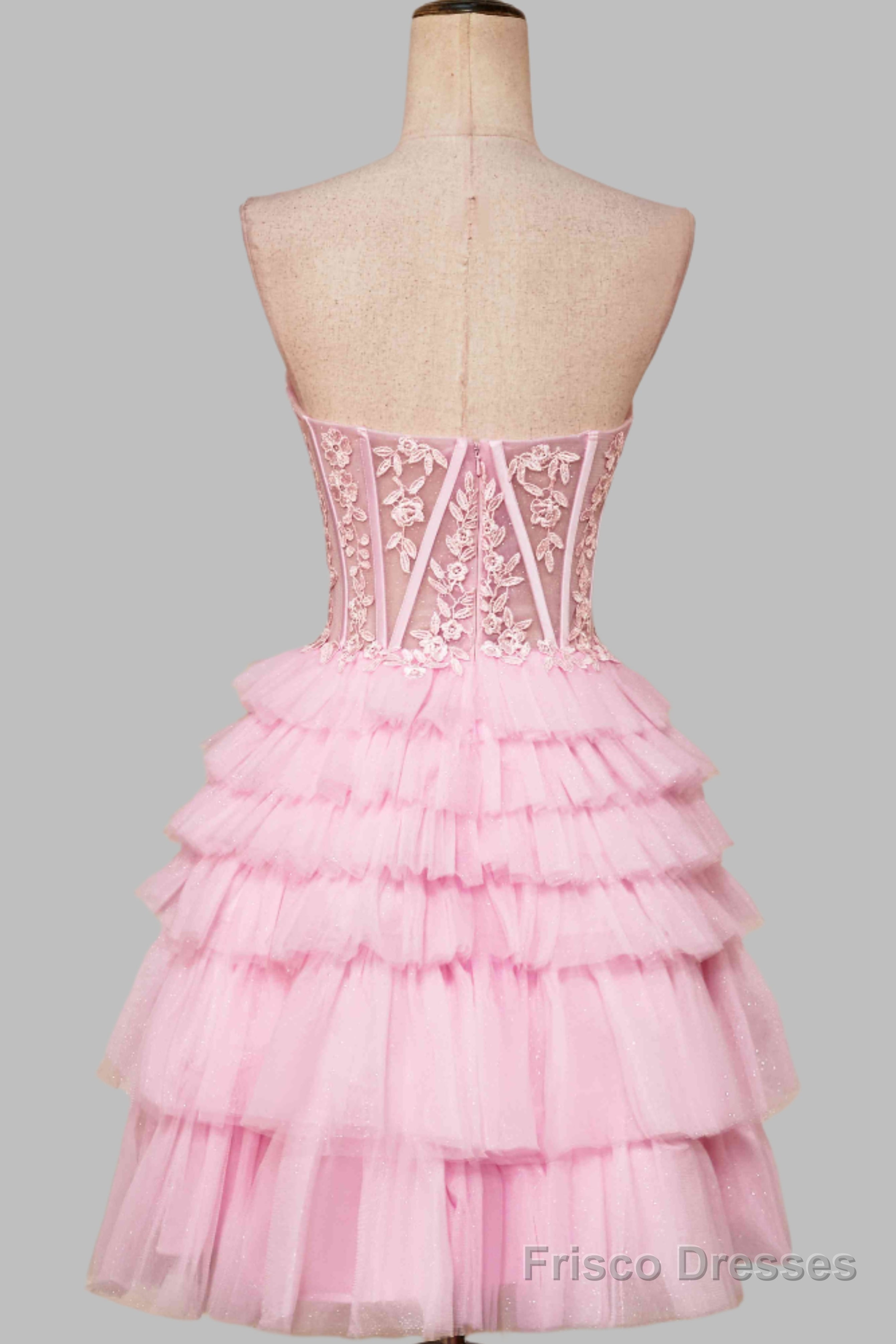 Sweetheart Pink Lace Corset Tiered Short Homecoming Dress