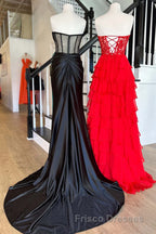 Sweetheart Red Corset Chiffon Ruffle Long Formal Prom Dress