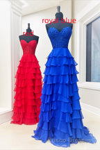 Sweetheart Red Corset Chiffon Ruffle Long Formal Prom Dress