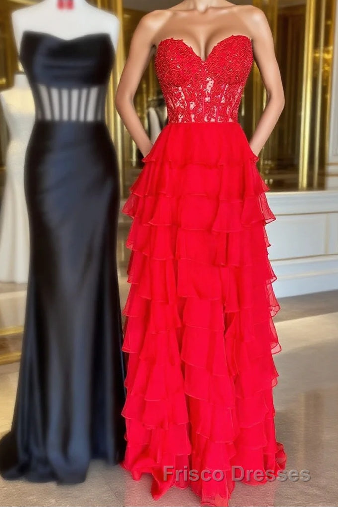 Sweetheart Red Corset Chiffon Ruffle Long Formal Prom Dress