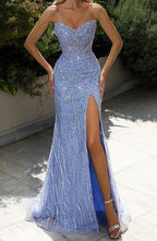 Blue Fashion Shiny Off-Shoulder Sequins Elegant Tight Long Slit Ball Gown Evening Dress