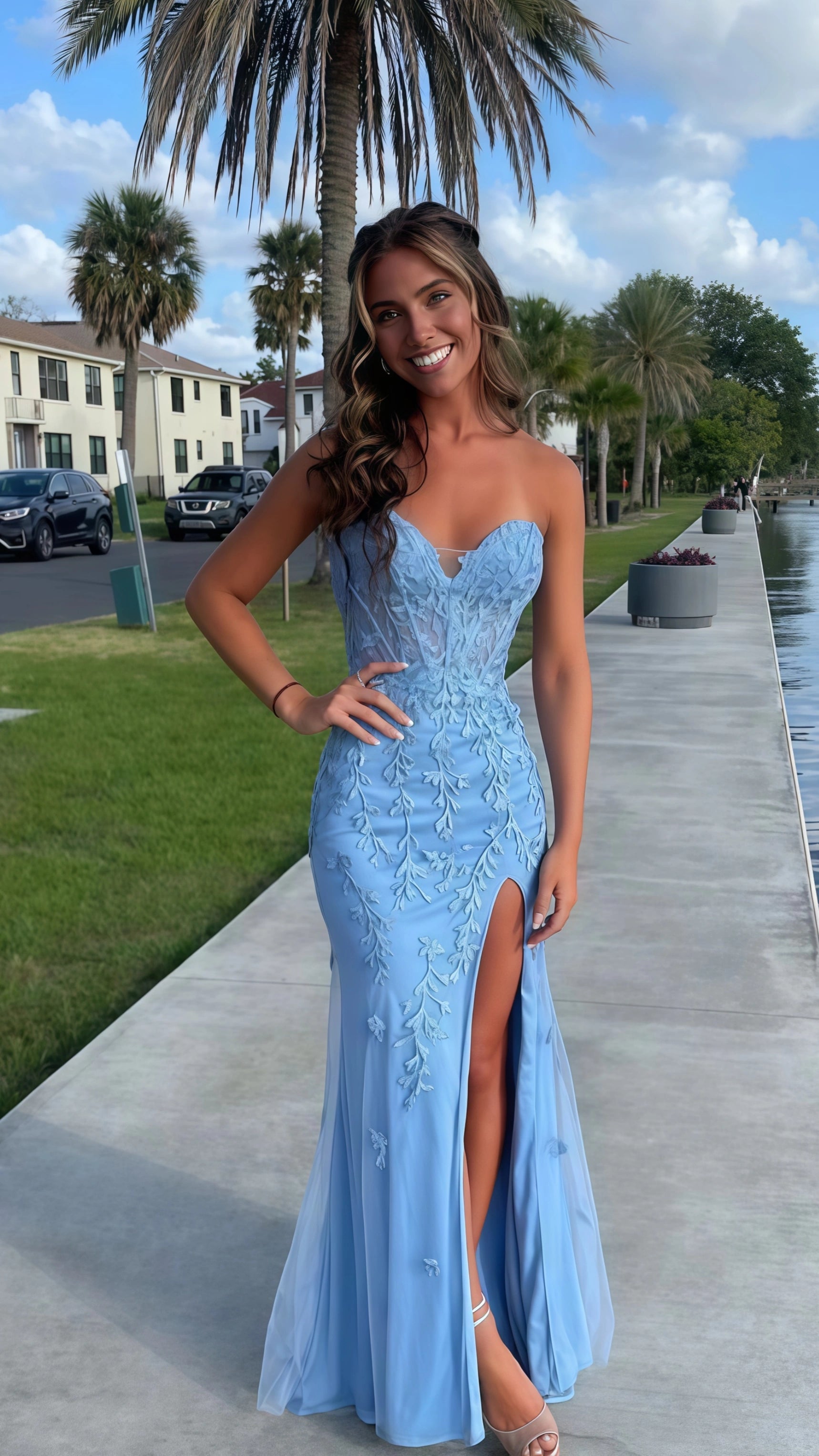 Sweetheart Sky Blue Mermaid Prom Dresses, Appliques Beaded Party Dress, Custom Prom Dresses