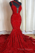 Sweetheart Sleeveless Sequins Red Mermaid Formal Prom Dress