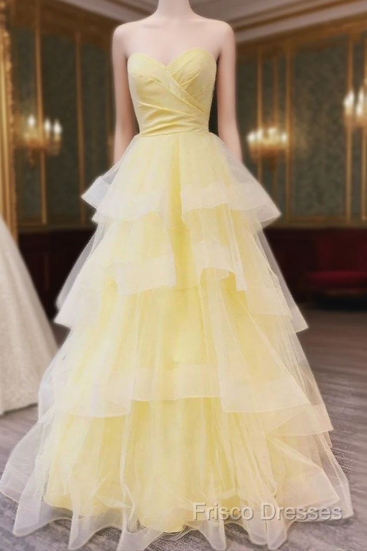 Sweetheart Tulle Yellow Ruffles Long Formal Prom Dress Main image