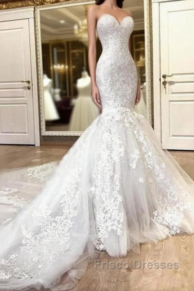 Sweetheart White Illusion neck Mermaid Beaded Lace Wedding Dress Main image