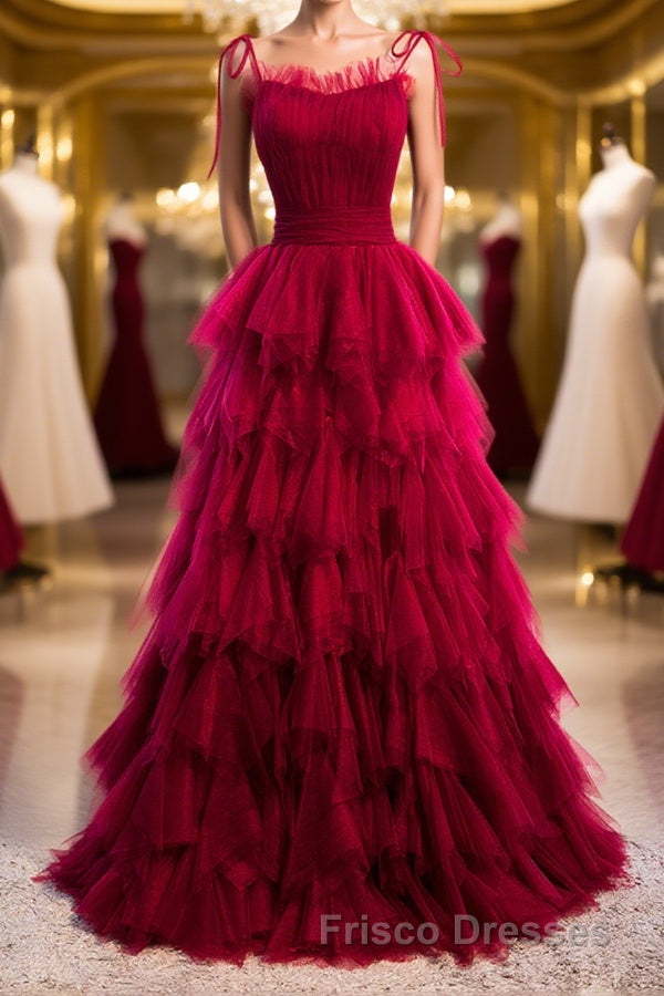 A-Line Long Spaghetti Strap Formal Prom Dress, Cute Layers Tulle Evening Dress Main image