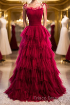 A-Line Long Spaghetti Strap Formal Prom Dress, Cute Layers Tulle Evening Dress