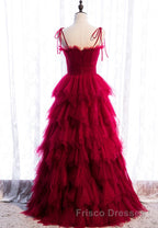 A-Line Long Spaghetti Strap Formal Prom Dress, Cute Layers Tulle Evening Dress